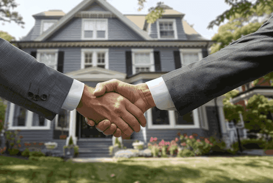 Handshake closing a property deal in front of a house