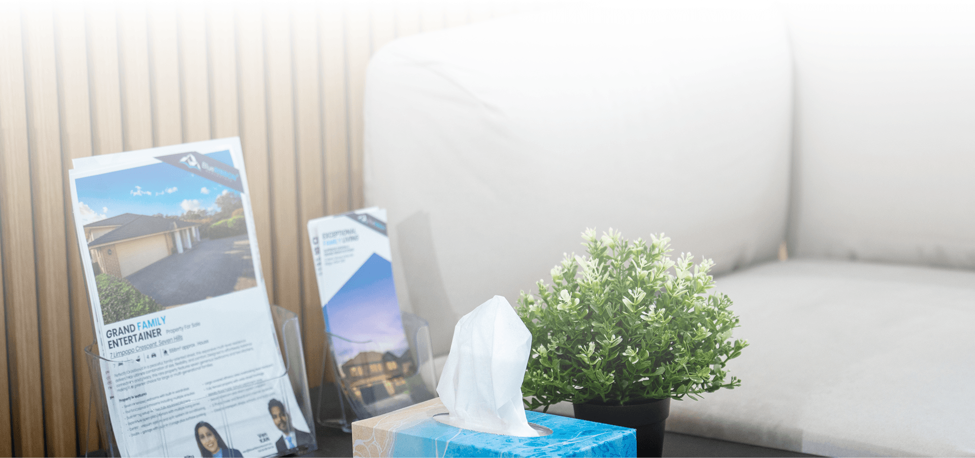BlueRibbon property brochures on a table beside a sofa